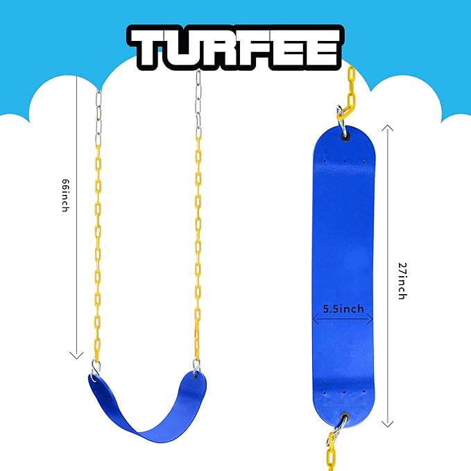 TURFEE 2 Pack Swing for Outdoor Swing Set, Swing Seat Replacement Kit with 66" Heavy Duty Chains, 4 Snap Hook for Kids Outdoor Play Playground, Trees, Playground (Blue)