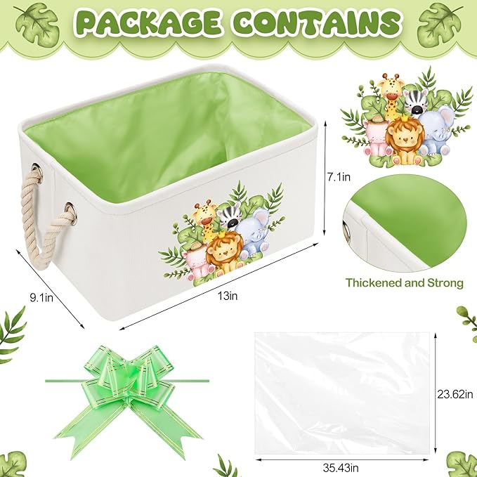 Pickmesh Baby Shower Storage Basket with Gift Bags Rectangular Ribbons Collapsible Canvas Storage Bin with Handles for Diaper Organizing Toy Home DIY Gift Basket, 13 x 9. 1 x 7. 1 Inch(Jungle Theme)