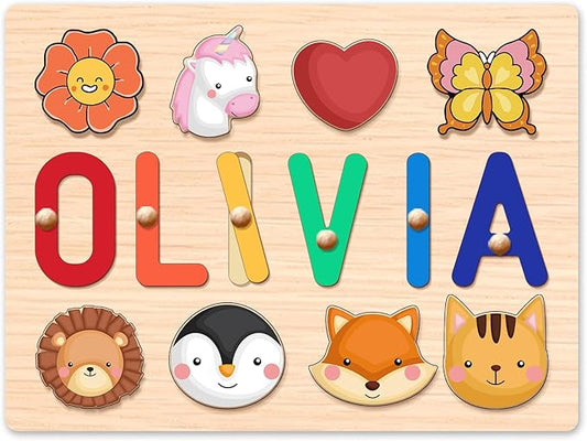 Personalized Wooden Name Puzzle for Toddlers 1-3 - Custom Baby Sensory Toy Easter Basket Stuffers - Early Learning Educational Toys for 1 Year Old Girl - 1st Birthday Gifts for Girl and Boy