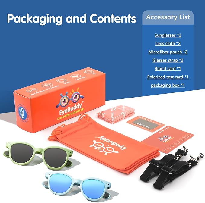 EYEBUDDY Kids Sunglasses for Boys Girls Age 2-8 Polarized UV Protection Toddler Children Sun Glasses Pack of 2