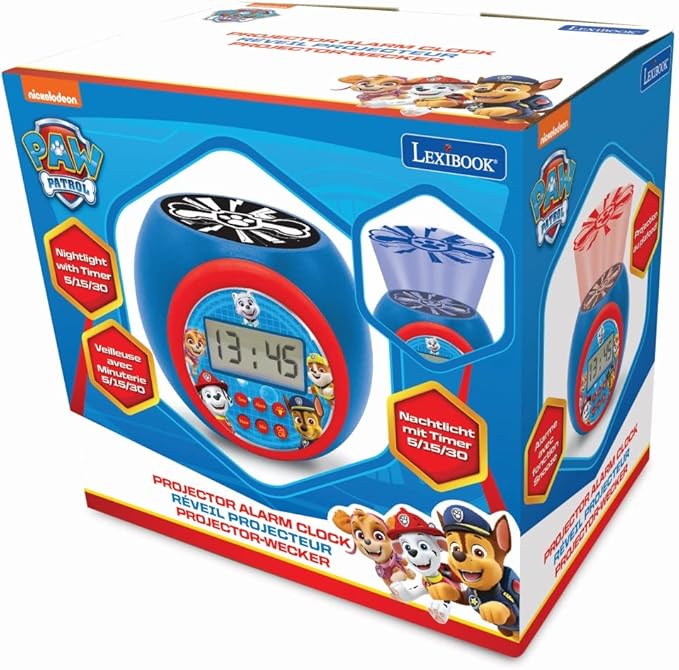 LEXIBOOK - Paw Patrol Projector Alarm Clock with Snooze Function and Alarm Function,Night Light with Timer, LCD Screen, Battery Operated, Blue/Red, RL977PA