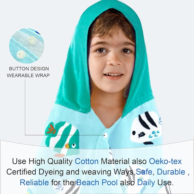 VOOVA & MOVAS Kids Beach Towels with Hood,(3-10 Years, 30''X50),Absorbent 100% Cotton Towel Wrap for Boys, Perfect for Toddler Beach, Pool, Bath, Swimming, Fish