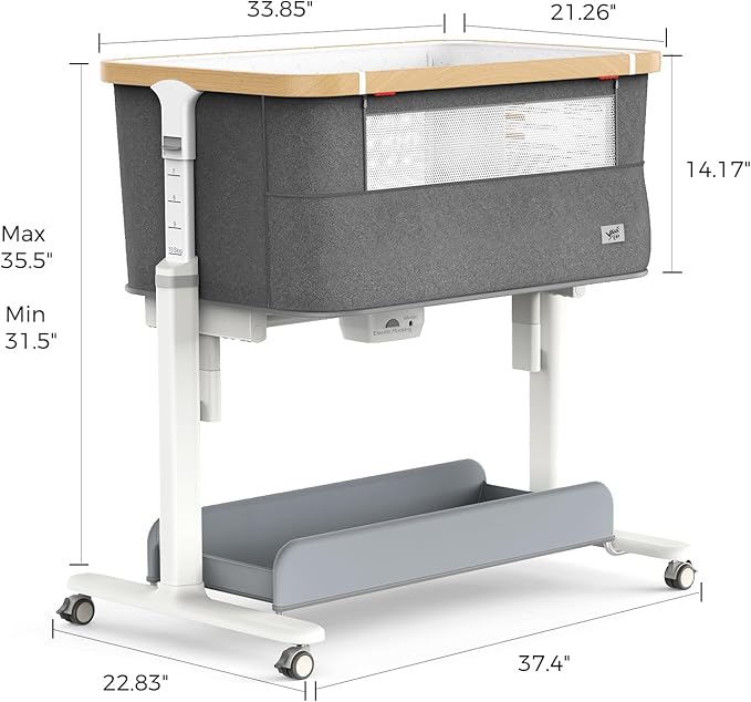 Rocking Bassinet for Baby Electric Automatic Bedside Sleeper Rocks Itself 3 Speed Auto Rolling Newborn Cradle 5 Height Adjustable with Music, Wheels, Storage, Dark Grey