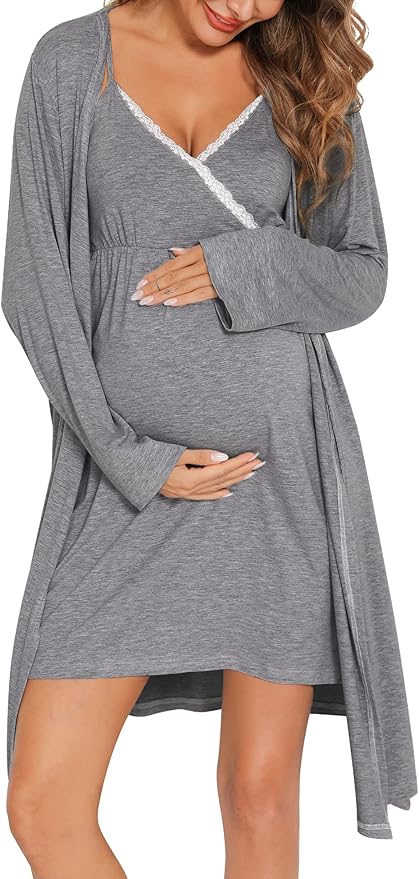 SWOMOG Womens Maternity Robe 2 Piece Nursing Nightgown for Breastfeeding 3 in 1 Labor Delivery Nursing Dress Lace Bathrobe