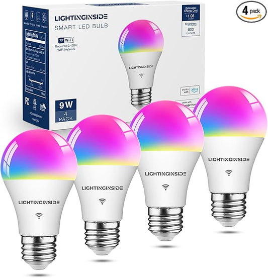Smart Light Bulbs 60W Equivalent, WiFi Smart Bulb Compatible with Alexa/Google Assistant/Smart Life, A19 E26 RGBCW Color Changing, No Hub Required,2.4G WiFi, ETL Listed, 9W 800LM, 4PCS