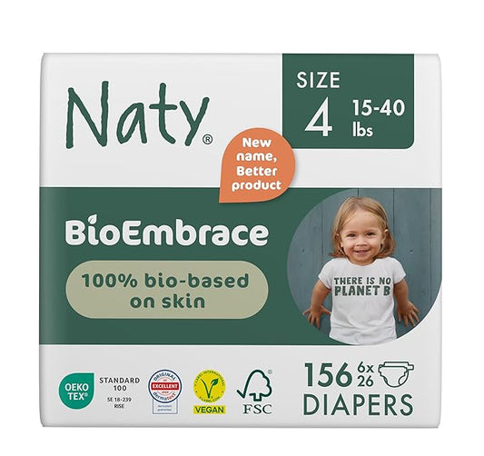 Naty BioEmbrace Baby Diapers Size 4 (15–40 lbs) | 100% Biobased on Skin | Plant-Based Softness | Dermatologically Tested, Super Absorbent | 156 Count