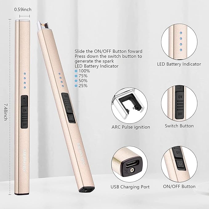 Lighter Electric Candle Lighter Long Electronic Rechargeable USB Arc Windproof Flameless Lighters for Candle Camping BBQ Birthday Women's Day Gifts for Women Mom Wife Men, Gold