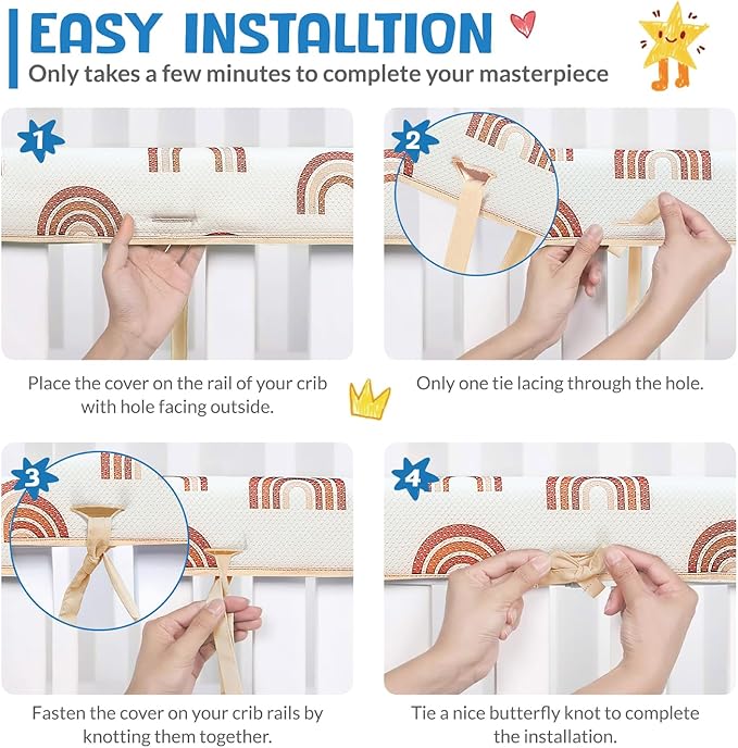 3 in 1 Crib Rail Covers for Teething,Soft Breathable Anti-Collision Crib Teething Rail Cover Edge Protector Strip（2025 New） (Kahki-Rainbow)
