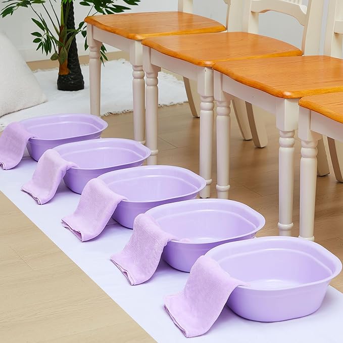 Patelai 6 Sets Kids Foot Spa Kit for Girl 12 x 12 x 4.3 Inch Foot Tub 14 x 30 Inch Hand Towels Washbasin Towels for Spa Party Sleepover Party Supplies (Light Purple)