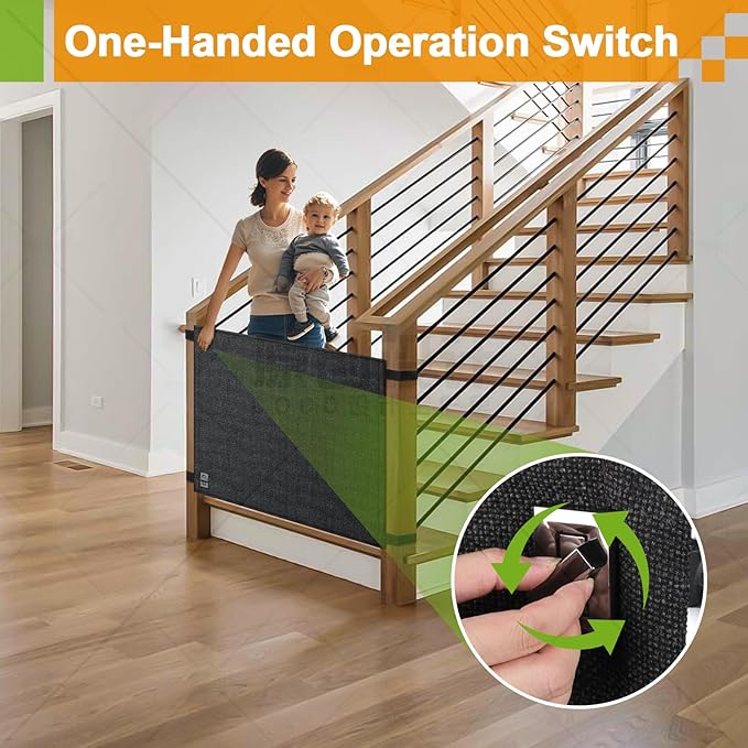 Baby Fabric Gate for Stairs Banisters - Dog and Pet Safety Barrier Gates for Stairway - No Drill Banister to Banister Baby Kids Gates for Stairs (Dark Gray, Wide 55" to 65" Height 34")