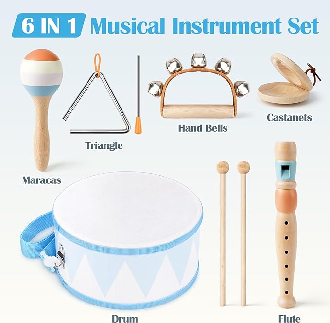 Toddlers Drum Set - Montessori Toys for 2 3 Year Old Boy Girl Birthday Gifts, 6 in 1 Wooden Musical Instruments for Toddlers 2-4, Preschool Learning Musical Toys for Baby 18+ Months with Snare Drum