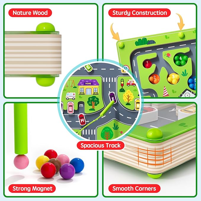 2 in 1 Magnetic Color and Number Maze Magnet Alphabet Counting Double Sided Board Wood Puzzle Fine Motor Skills Montessori Preschool Toys Gifts for Boys and Girls 3-5 Age
