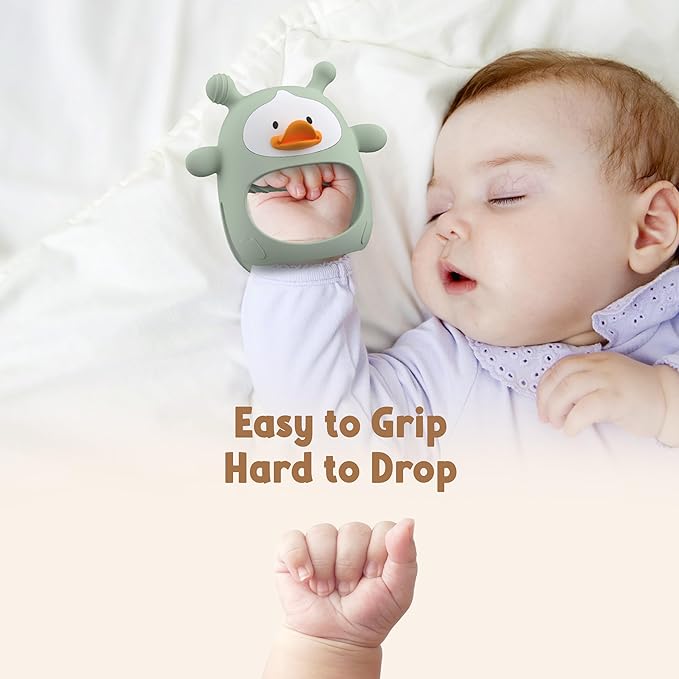 2 Packs Baby Teething Toys for 3-6 6-12 Months, Food Grade Silicone Teething Mitten, Anti Dropping Wrist Hand Teethers, Never Drop Baby Chew Toys for Sucking Needs, BPA Free (Nude & Green)
