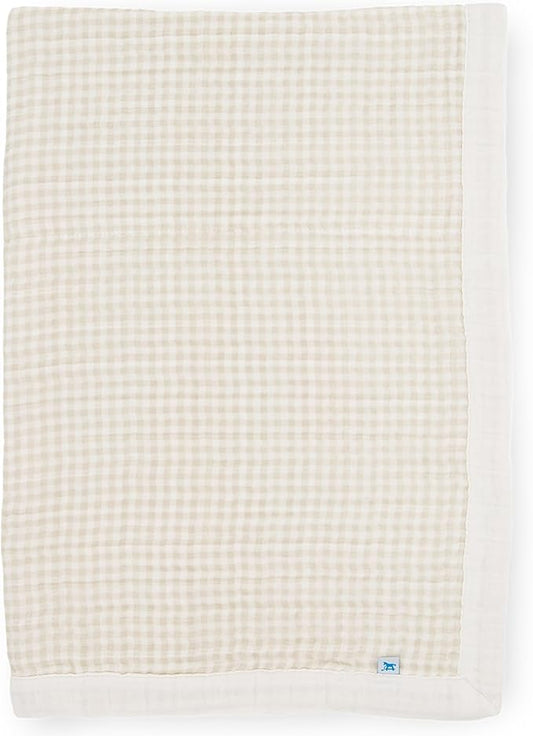 Little Unicorn Newborn Receiving Quilt | Ultra- Soft, Multi-Layered Muslin Fabric | Gift for Newborns & on-The-go (Tan Gingham)
