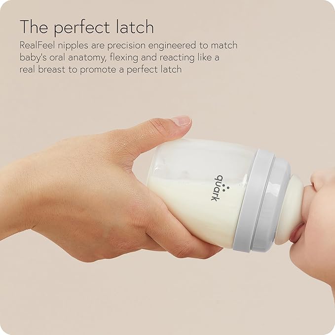 BuubiBottle Max Slow Flow Bottle for Newborn Babies by Quark - with Anti-Colic RealFeel Nipple to Simulate Breastfeeding - BPA-Free, PVC-Free, Toxin-Free - 8 Oz Bottle with Lid, 2 Pack - Gray