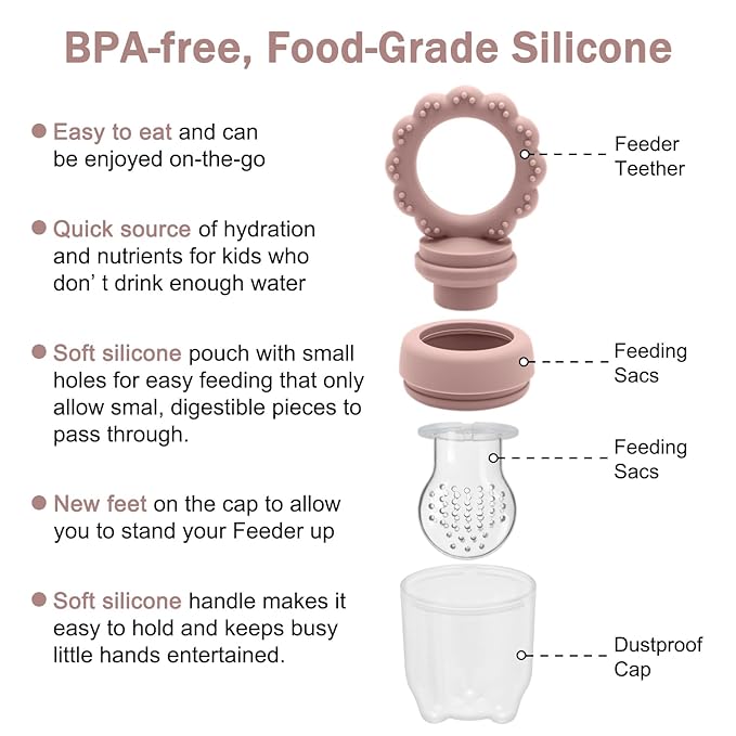 Baby Silicone Fruit Food Feeder Pacifier & Breastmilk Popsicle Freezer Molds,BPA Free Baby Food Storage Containers Frozen Ice Tray for Baby Feeding Safely, Infant Fruit Teething Toy (Pink)