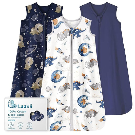 Looxii Baby Sleep Sack 0.5 TOG, 100% Cotton 3 Pack Wearable Blanket Baby Sleep Bag for Newborn Infant, 2-Way Zipper Lightweight Toddler Sleeping Sack 12-18 Months