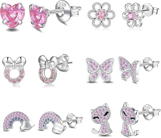 6 Pairs Huggie Hoop Earrings 925 Sterling Silver Stud Sets Cute Heart Hoops Tiny Cubic Zirconia Flower Stud Small Hypoallergenic Cartilage Sleeper Earrings