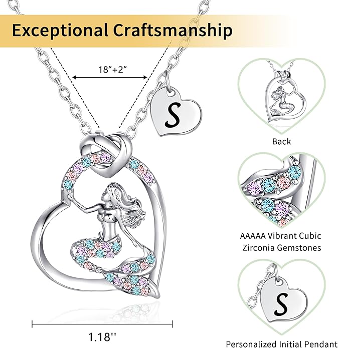 K-Acc 14K Gold-Plated Mermaid Initial Heart Necklace - Gifts for Girls