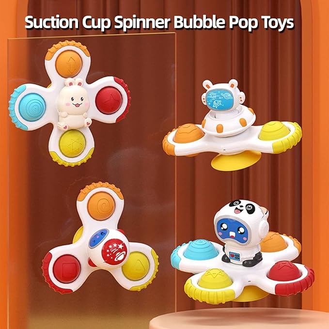 Baby Spin Rattle Set 3 Pcs, Suction Cup Infant Spinner - Sensory Bath Sucker, Travel Busy Teething Toy for Toddlers, Gifts 1-3 Yr Boy/Girl