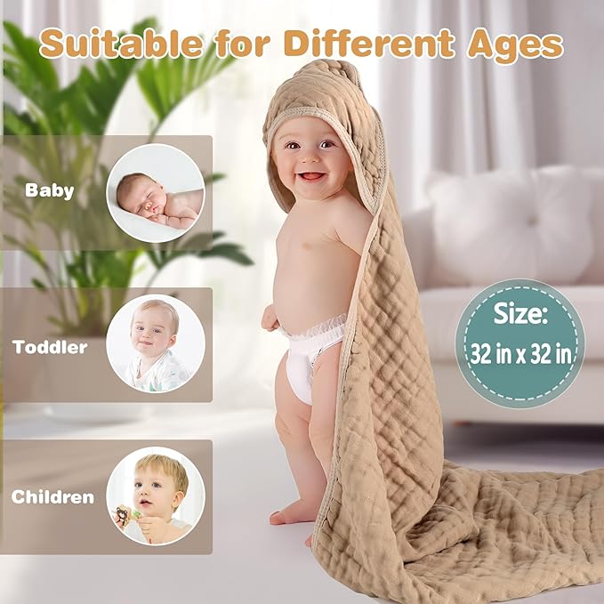 Hooded Baby Bath Towels, 2 Pack Baby Towels with Hood for Newborn, Upgrade High Density 100% Muslin Cotton Baby Towel, Ultra Soft, Highly Absorbent for Infants, Toddlers, Newborn Essential, 32” x 32”