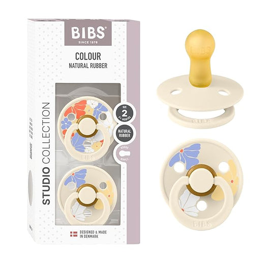 BIBS Pacifiers - Colour Studio 2 Pack | Round Nipple Baby Pacifier | BPA Free Natural Rubber Latex Soother | Made in Denmark | Size 6+ Months | Morning Bloom Ivory