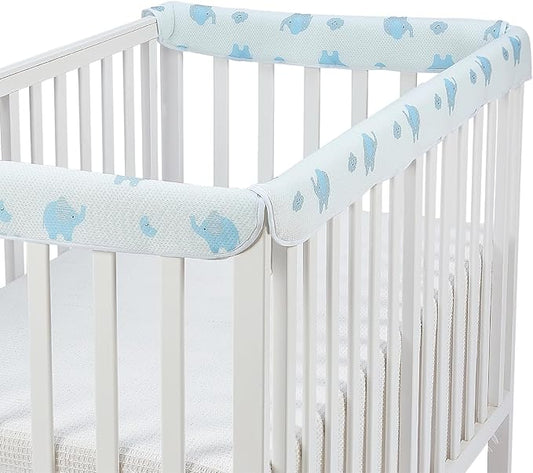 3 in 1 Crib Rail Covers for Teething,Soft Breathable Anti-Collision Crib Teething Rail Cover Edge Protector Strip（2025 New） (White-elepants)
