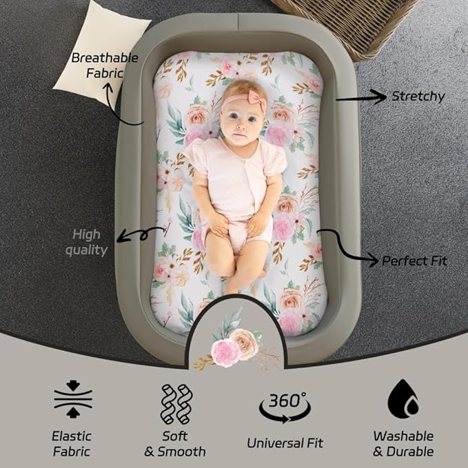 4 Pack Baby Girl Bassinet Sheets Set Soft Fitted Floral or Elephant Theme Baby Girl Mattress Covers Breathable Toddler Bed Sheets for Infant or Newborn Girls (Flower, Bassinet Sheets)