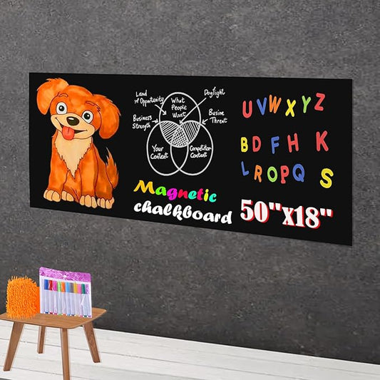 Magnetic Chalkboard Contact Paper 50"x18" Self Adhesive Magnet Wall Board Sticker with 12 Color Liquid Chalk for Kid, Black Chalk Board Wallpaper Roll Alternative to Magnetic Blackboard Paint
