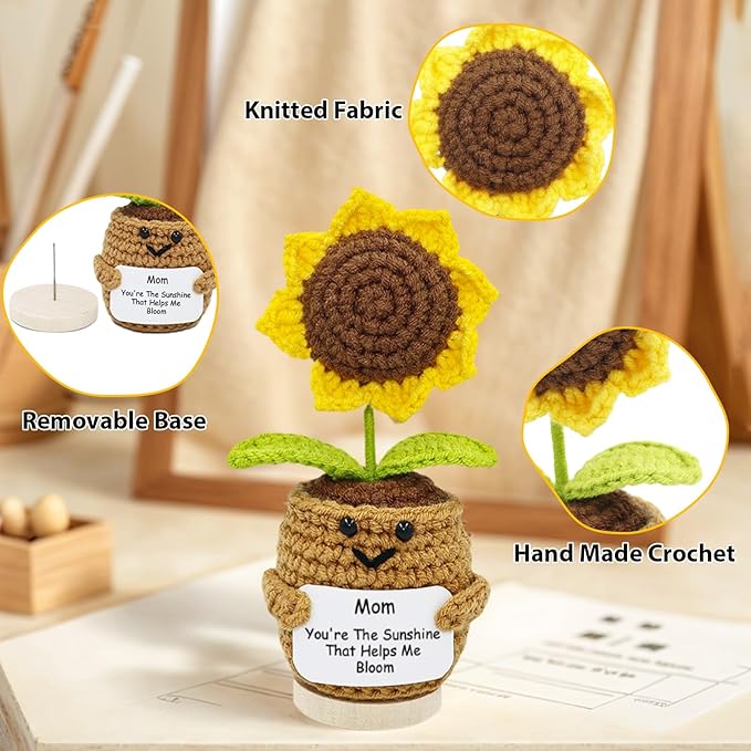 Lamyba Mom Gifts,Mothers Day Gifts for Mom,Birthday/Christmas/Valentine's Day Gift,Handmade Positive Sunflower Doll Crochet with Card,Keychains,Bracelet and Gift Card