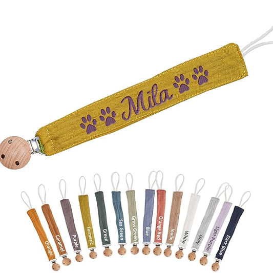 Custom Boho Pacifier Clip Holder with Embroidered Name – A Perfect Personalized Baby Baptism Gifts in Eco-Friendly Bamboo! (Turmeric)