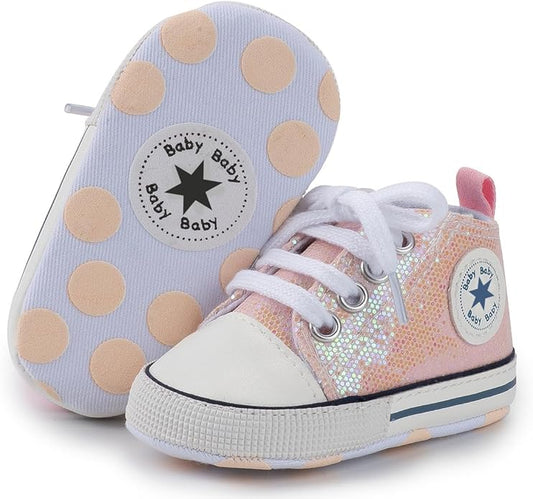Unisex Baby Boys Girls Shoes, Newborn Infant Non-Slip Canvas Denim High Top Sneakers, Toddler First Walkers Shoes