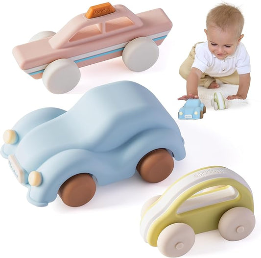 Moonkie Food-Grade Silicone Toy Cars for Toddlers 6M+ | Push & Go Baby Vehicles | One-Piece Safe Design, Easy to Clean & Grasp | Perfect 1st Birthday Gift | 3-Pack