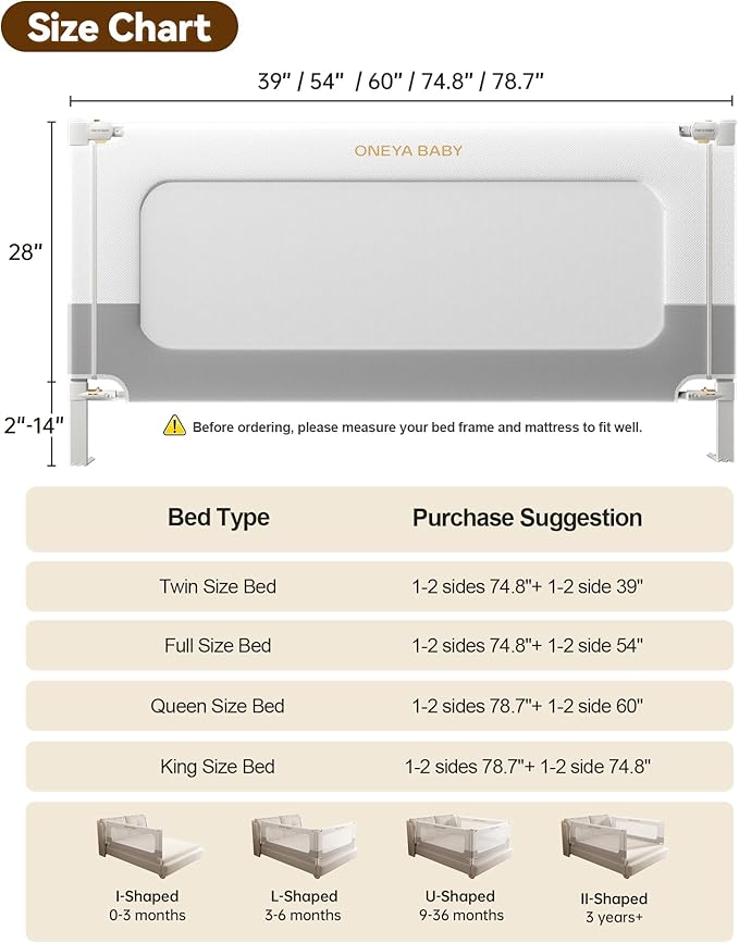 Baby Bed Rail Guard for Toddlers, Reinforced 54in Toddler Bed Rails for Full Bed with Height Adjustable, Extral Tall Child Safety Side Railing Guards/Bedrail for Kids, White/Grey, 1 Side 54" Lx28 H
