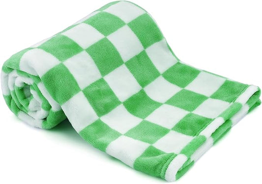 Plush Checkered Baby Blanket for Boys Girls Nursery, 30"*40" Warm Short Fleece Blanket Neutral for Infant Newborn, Small Fuzzy for Sleeping, Chenille or Stroller (Green&White)
