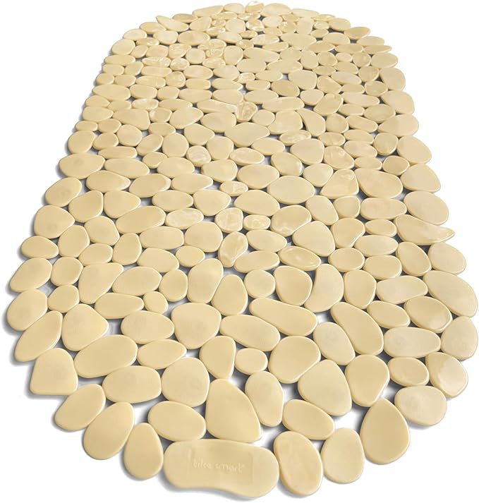 “Pebbles” Non-Slip Bathtub & Shower Mat 27”x14” Oval - Non-Toxic - Safe, Clean, Machine-Washable, Superior Grip & Drainage, Vinyl, for Smooth Floors ONLY, Opaque Light Brown