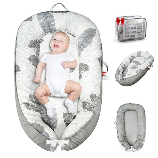 Baby Lounger for Newborn 0-24 Months, Baby Nest Cover Breathable and Soft Cotton, Infant Lounger with U-Shaped Safety Bumper for Cozy Comfort Baby Essentials (Leaves Grey)
