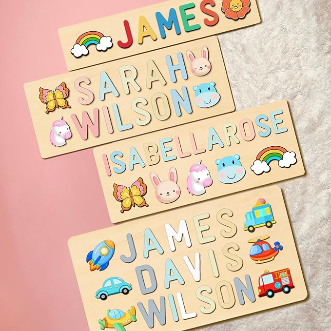 Personalized Name Puzzle for Kids, Easter Basket Stuffers, Custom Wooden Puzzle for Toddlers 1-3, First Birthday Gifts for Baby boy Girl, Montessori Learning Toys