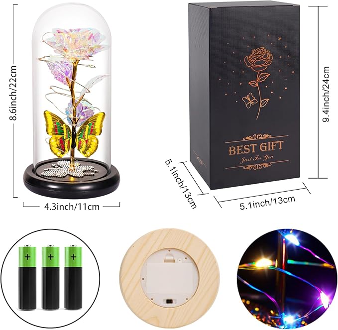 DEEMEI Birthday Gifts for Women Colorful Rose Eternal Flower Light Up Rose in Glass Dome with Butterfly, Flowers for Delivery Prime Mom Gift from Daughter Anniversary Wife Girlfriend Grandma Gift