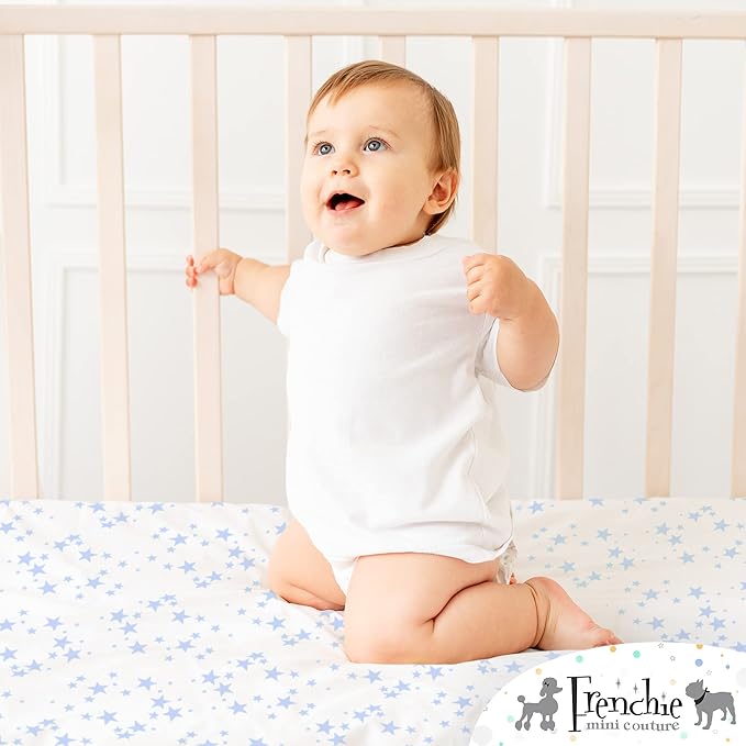 Fitted Pack n Play Sheets,100% Cotton Standard Mattress, Blue Stars, 27 x 39in, 2-Pack