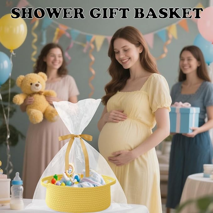Gift Basket with Gift Bag and Ribbons,Small Rope Woven Shelf Storage,Baskets for Gifts Empty,Birthday,Shower,Decorative Organizer Box for Cat Dog Pet with Handles(Yellow)