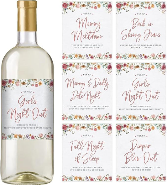 Printed Party Baby Shower Wine Label Gift Set - Mommy's First Milestones, Wine Bottle Labels for Expecting Mother to Be, Baby in Bloom Wildflower Theme (Set of 6)