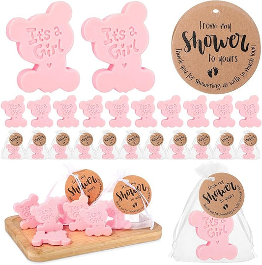 50 Sets Baby Shower Soap Favors for Guests Boy Girl Mini Handmade Scented Soaps with Thank You Tags and Organza Bags for Shower Gender Reveal Party Favors(It's A Girl,Pink Bear)