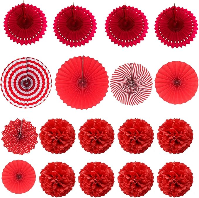ZERODECO Party Decoration, 21 Pcs Red Hanging Paper Fans Pom Poms Flowers, Garlands String and Triangle Bunting Flags for Birthday Parties Baby Showers Wedding