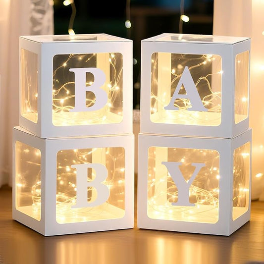 Ledido Baby Boxes with Letters for Baby Shower Decorations, 4 pcs Clear Baby Balloon Boxes Blocks Decor with LED Fairy String Lights for Boy Girl Gender Reveal Decorations Backdrop Party (White)