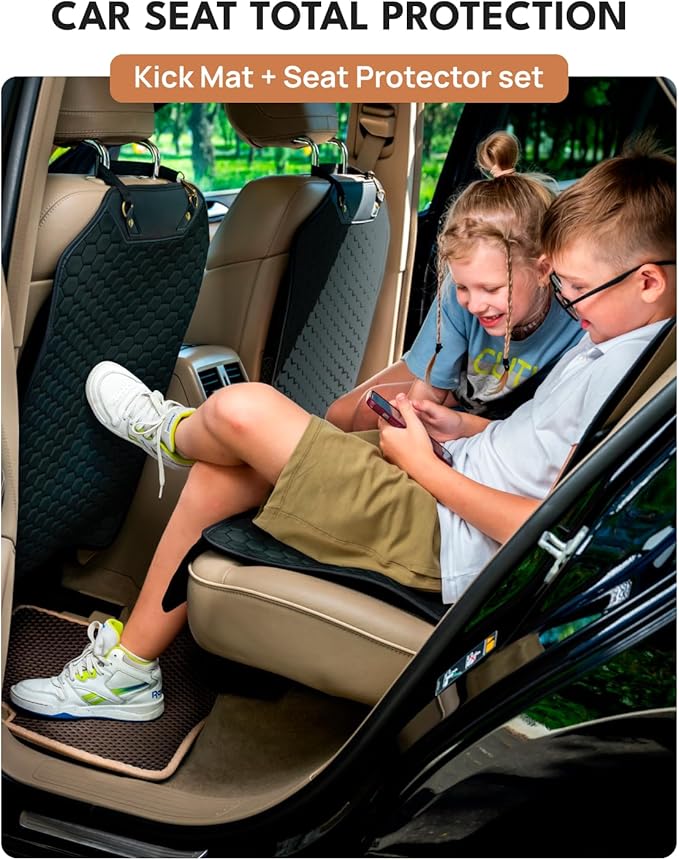 Car Seat Protector Set - Black, Waterproof & Non-Slip, Kick Mat & Back Seat Protection