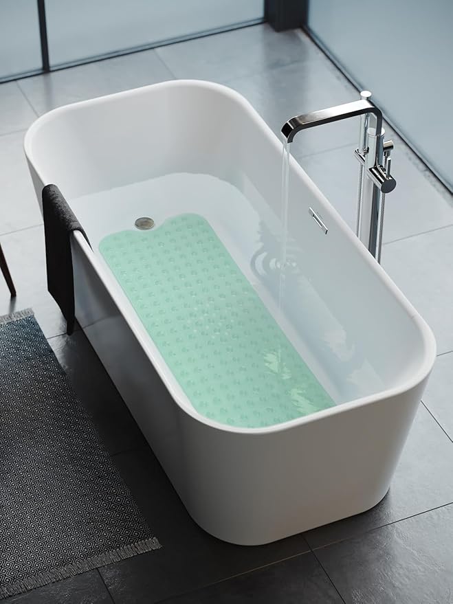 Linoows Bathtub and Shower Mats, Extra Long Non-Slip Bath Tub Mat 39 x 16 Inch, Machine Washable BathMat with Suction Cups & Drain Holes for Bathroom Floor, Clear Pale Green