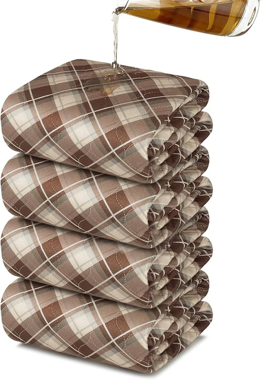 Non-Slip Bed Pads for Incontinence Washable (34" x 36"|4 Pack), Waterproof Bed Pads, Brown Grid, Bed Wetting Pads for Bed, Sofa, Floor, Resuable Underpads for Adults, Seniors, Pet