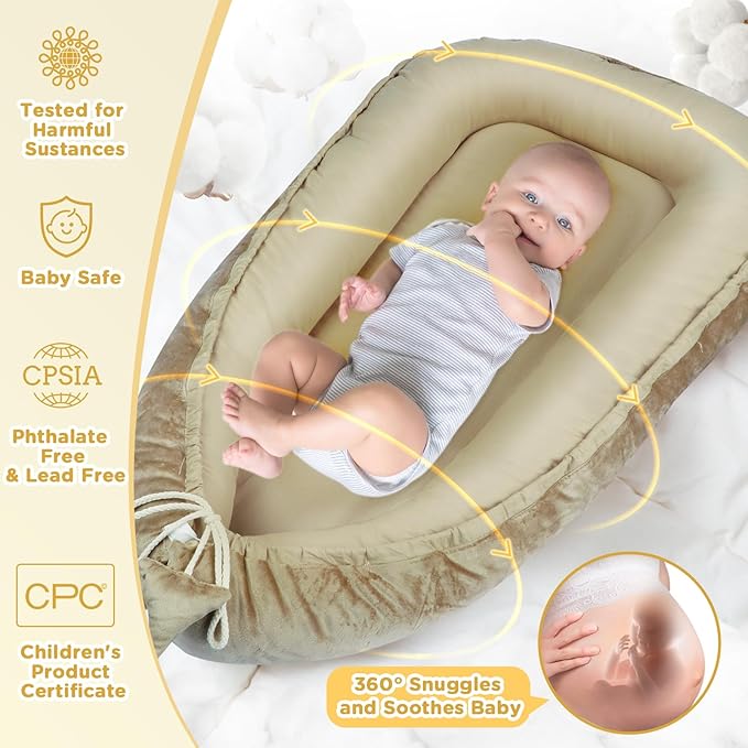 Baby Lounger - Baby Lounger for Newborn 0-24 Months, Breathable and Soft Cotton and Velvet Cover Baby Nest, Portable Cozy Infant Lounger for Home and Travel, Ideal Baby Essentials & Shower Gifts