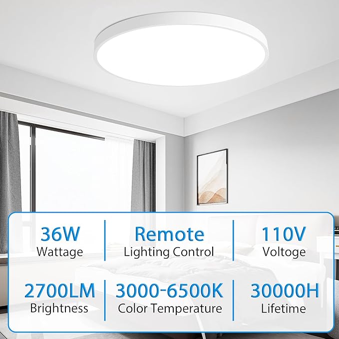 36W Flush Mount Ceiling Light Fixture White, 19.7 Inch Dimmable Ceiling Light with Remote, 2700lm, 3000-6500K Modern LED Light Fixture for Bedroom, Kitchen